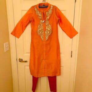 Orange Embroidered Kurta with Red Leggings